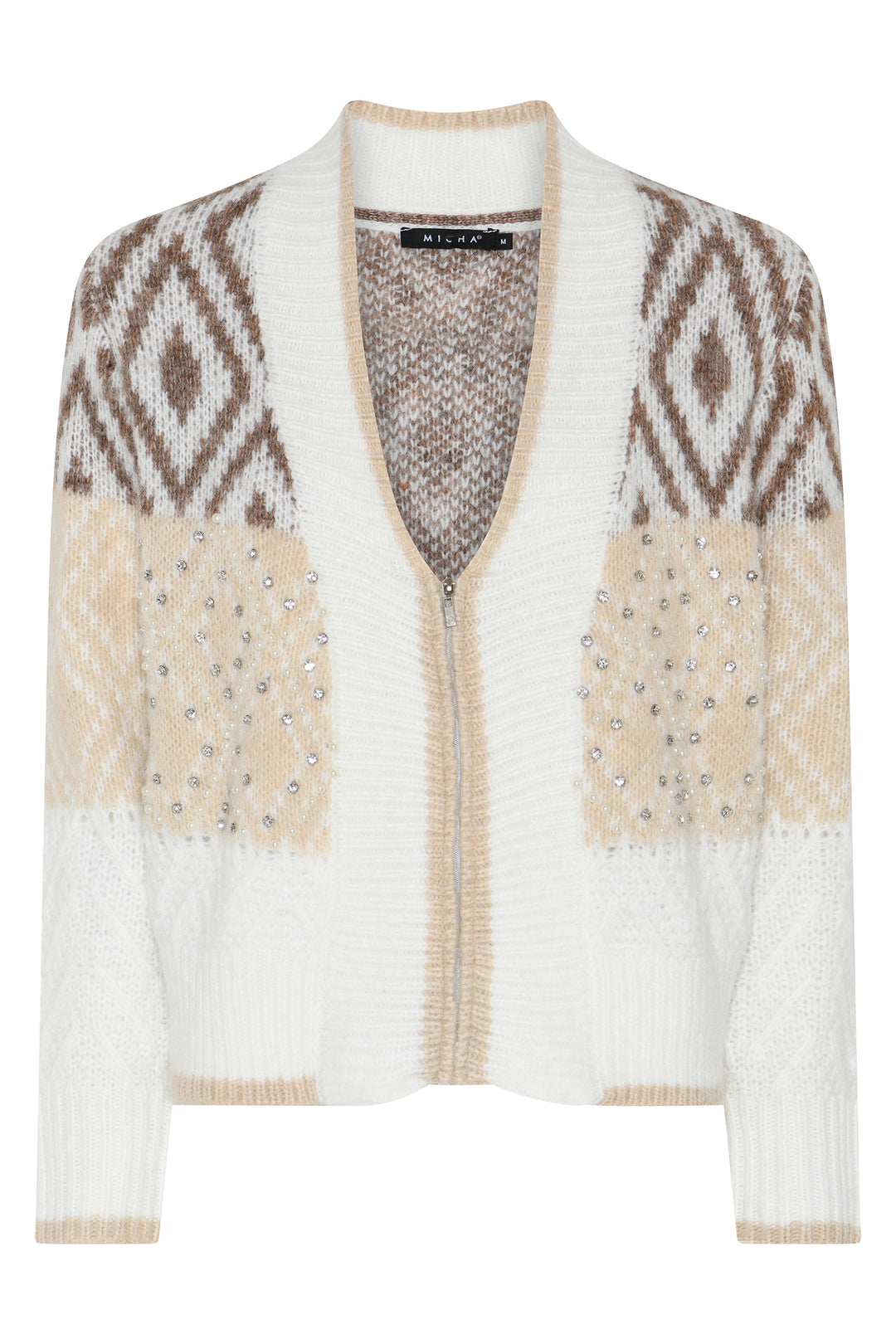 Micha Off White Latte Crystal Embellished Cardigan, front