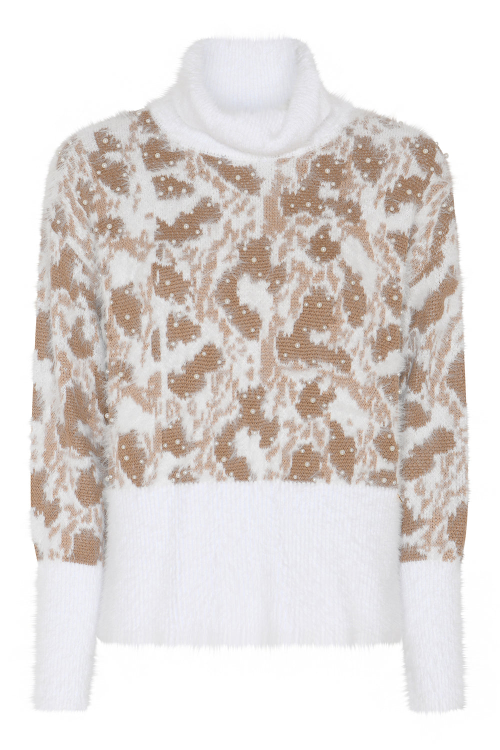 Micha Off White Leopard Cowl Neck Jumper, flat lay