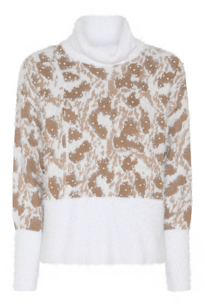 Micha Off White Leopard Cowl Neck Jumper, flat lay