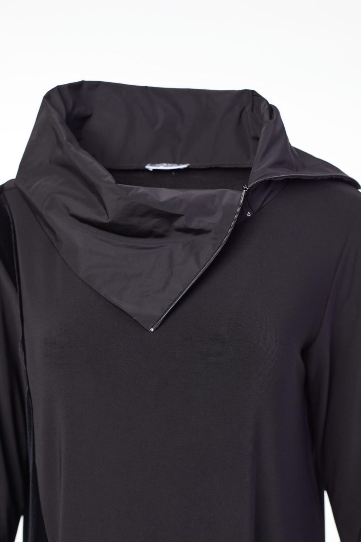 NAW23119 Naya Black Tunic Dress With Zip Collar And Velvet - Rouge Boutique