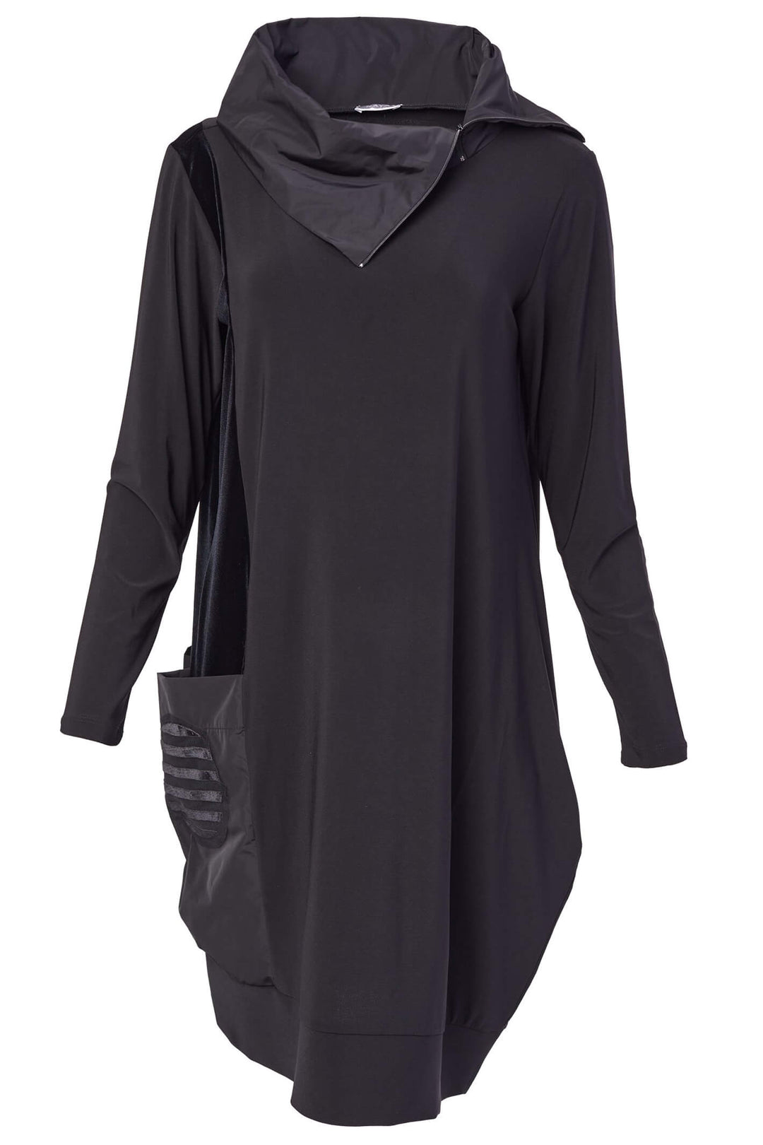 NAW23119 Naya Black Tunic Dress With Zip Collar And Velvet - Rouge Boutique