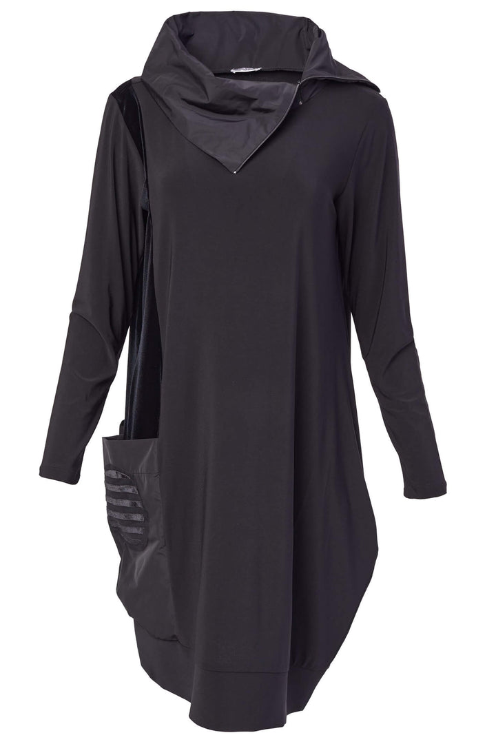 NAW23119 Naya Black Tunic Dress With Zip Collar And Velvet - Rouge Boutique