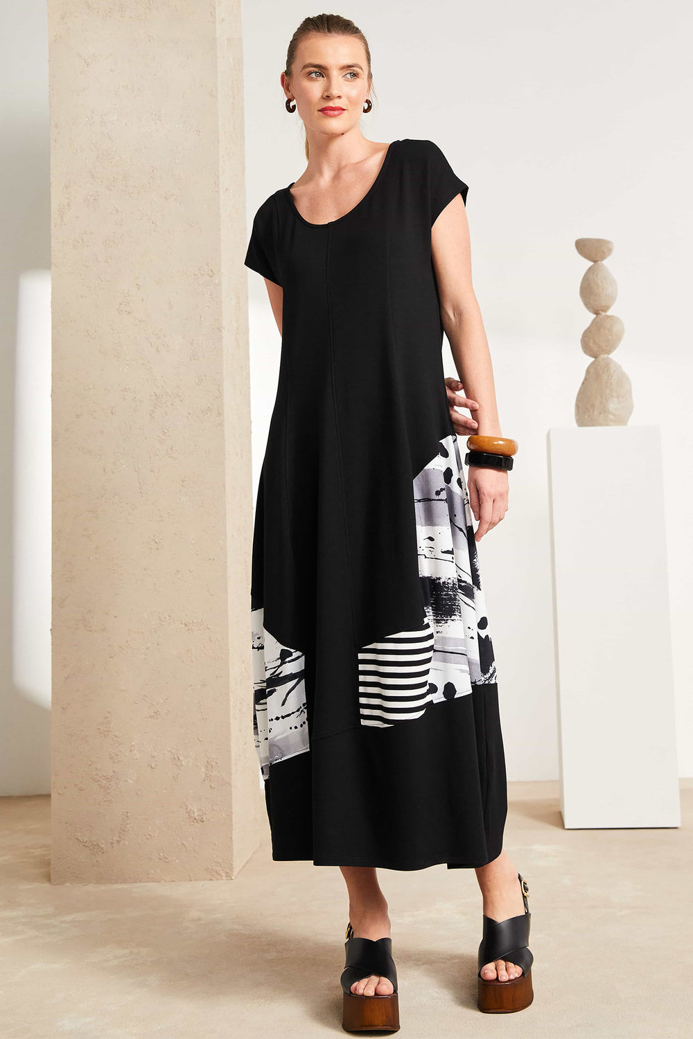 Naya Black Contrast Print Midi Dress NAS25-140 901 - Rouge Boutique
