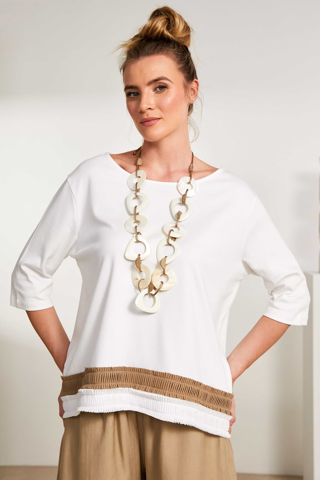 Naya NAS25-123 173 White Brown Contrast Top - Rouge Boutique