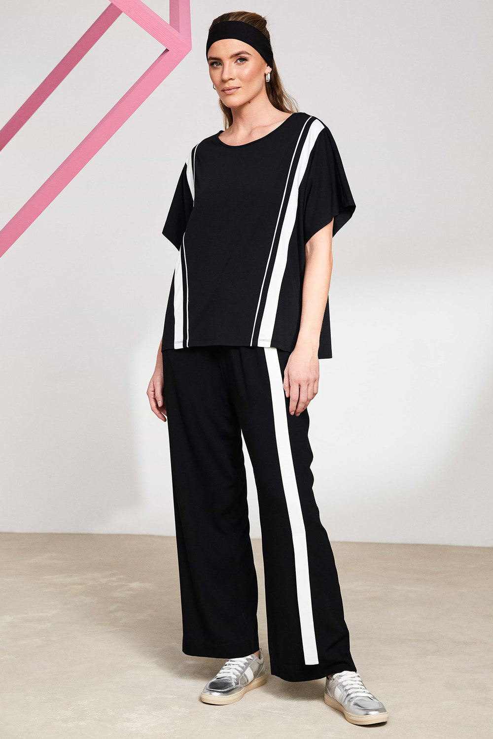 Naya NAS25-159 911 Black White Stripe Sporty Trousers - Rouge Boutique