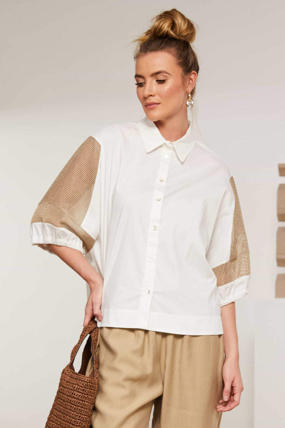 Naya NAS25-179 173 White Brown Mesh Sleeve Shirt - Rouge Boutique