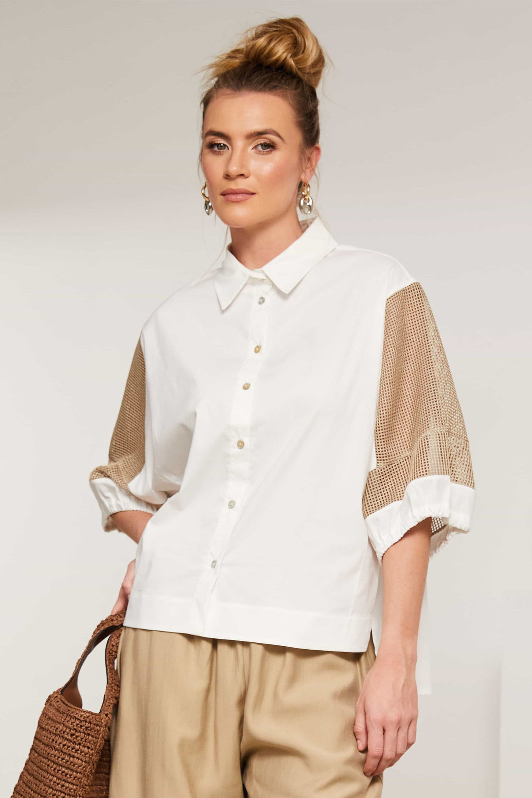 Naya NAS25-179 173 White Brown Mesh Sleeve Shirt - Rouge Boutique