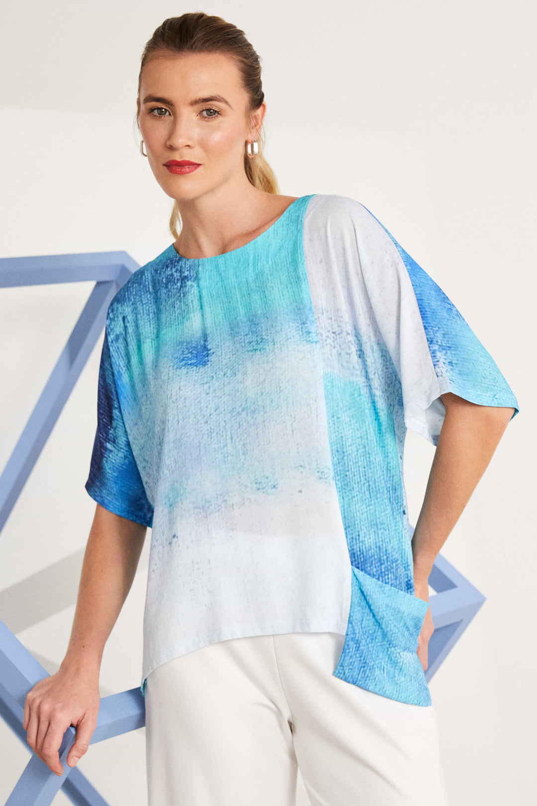 Naya NAS25-280 36 Blue Print Short Sleeve Top - Rouge Boutique