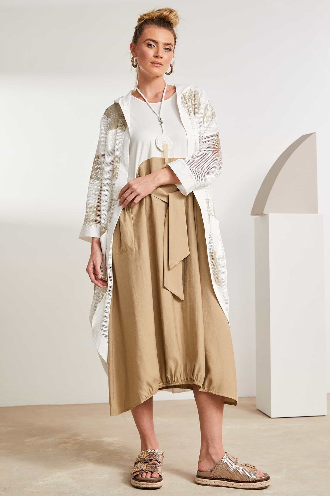 Naya NAS25-296 173 White Gold Long Mesh Coat - Rouge Boutique