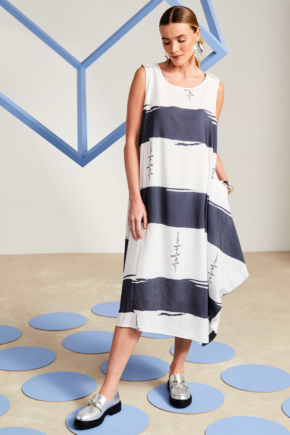 Naya NAS25-333 811 Navy White Stripe Sleeveless Dress - Rouge Boutique