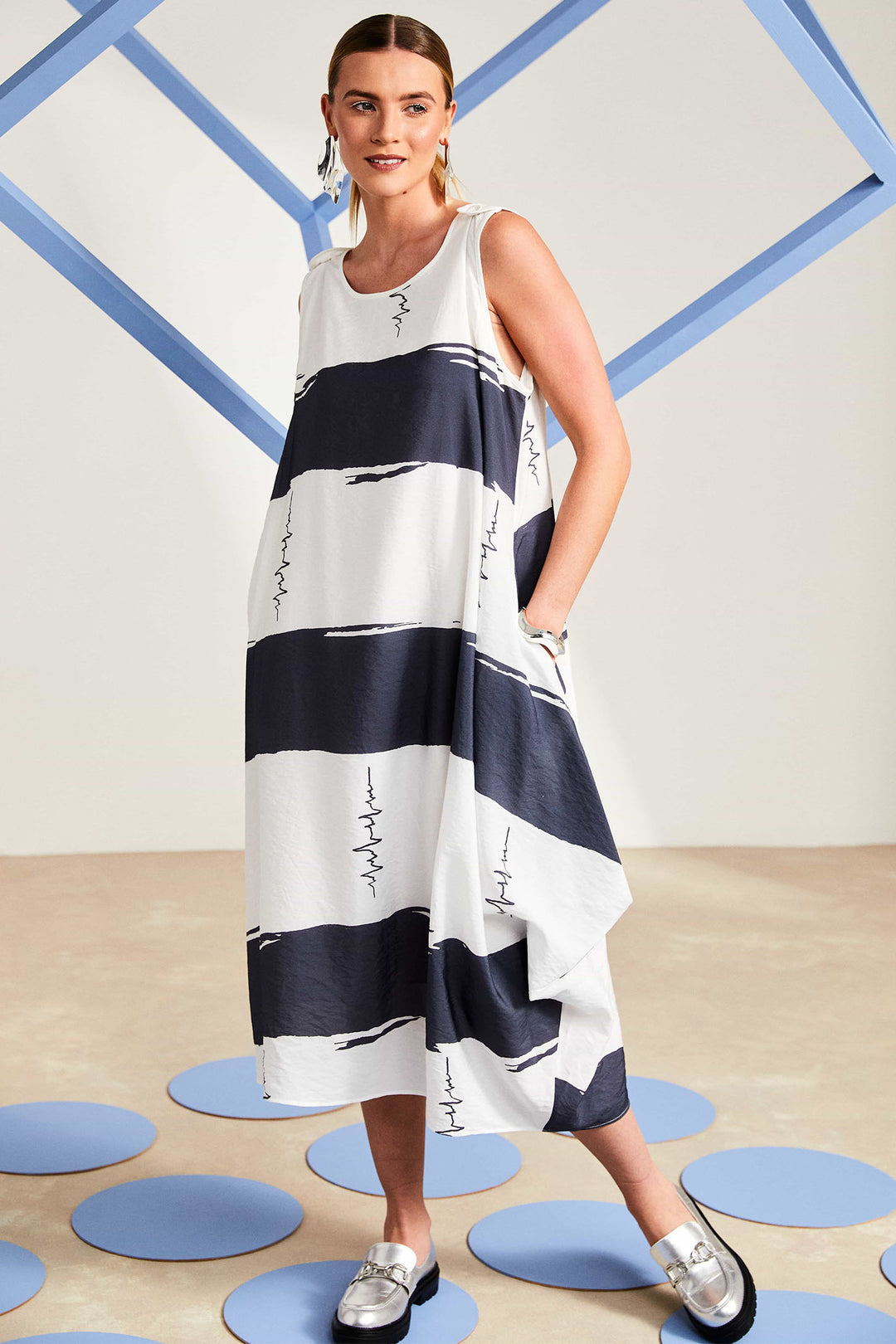 Naya NAS25-333 811 Navy White Stripe Sleeveless Dress - Rouge Boutique