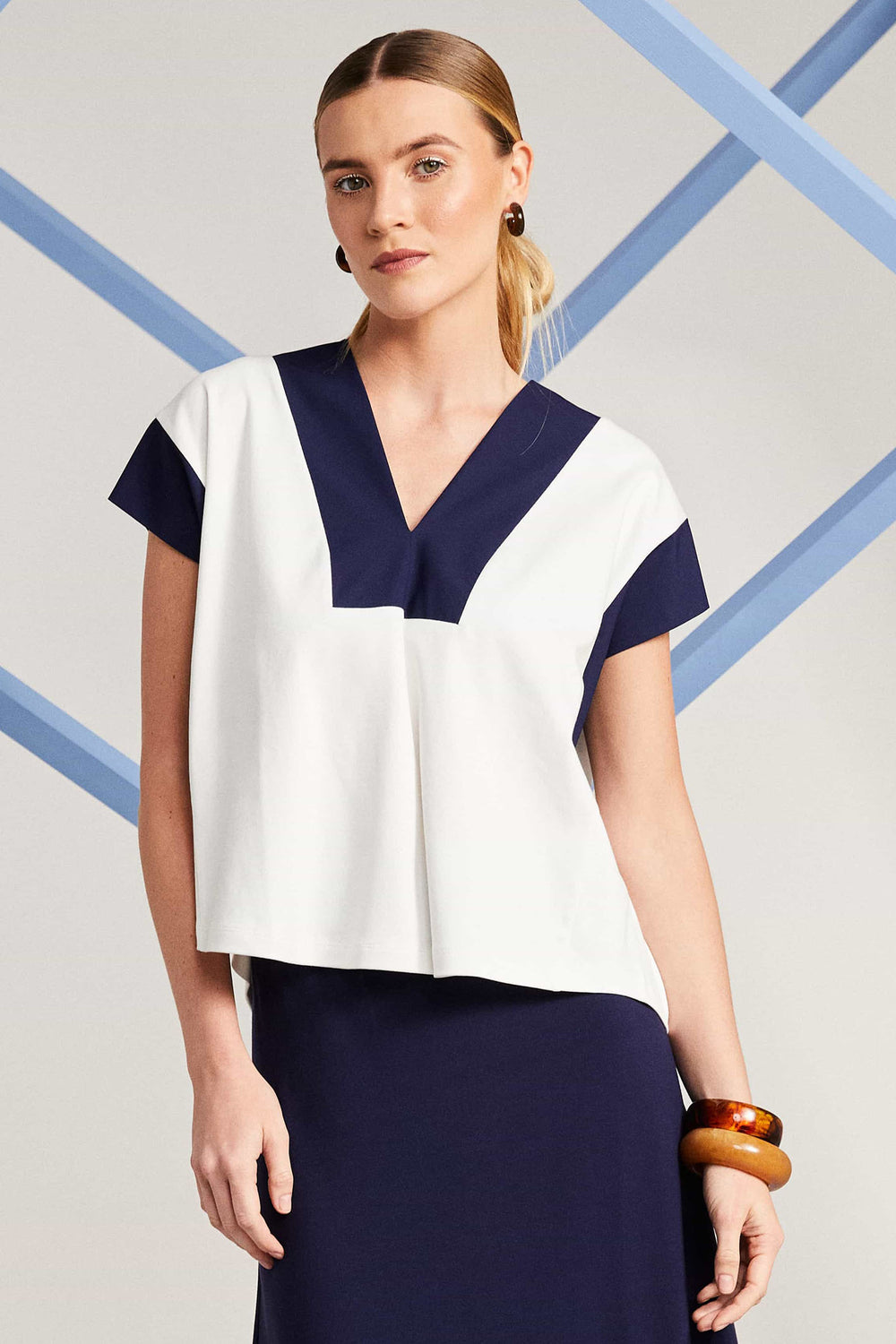 Naya NAS25-337 French Navy Top Trim V-Neck - Rouge Boutique