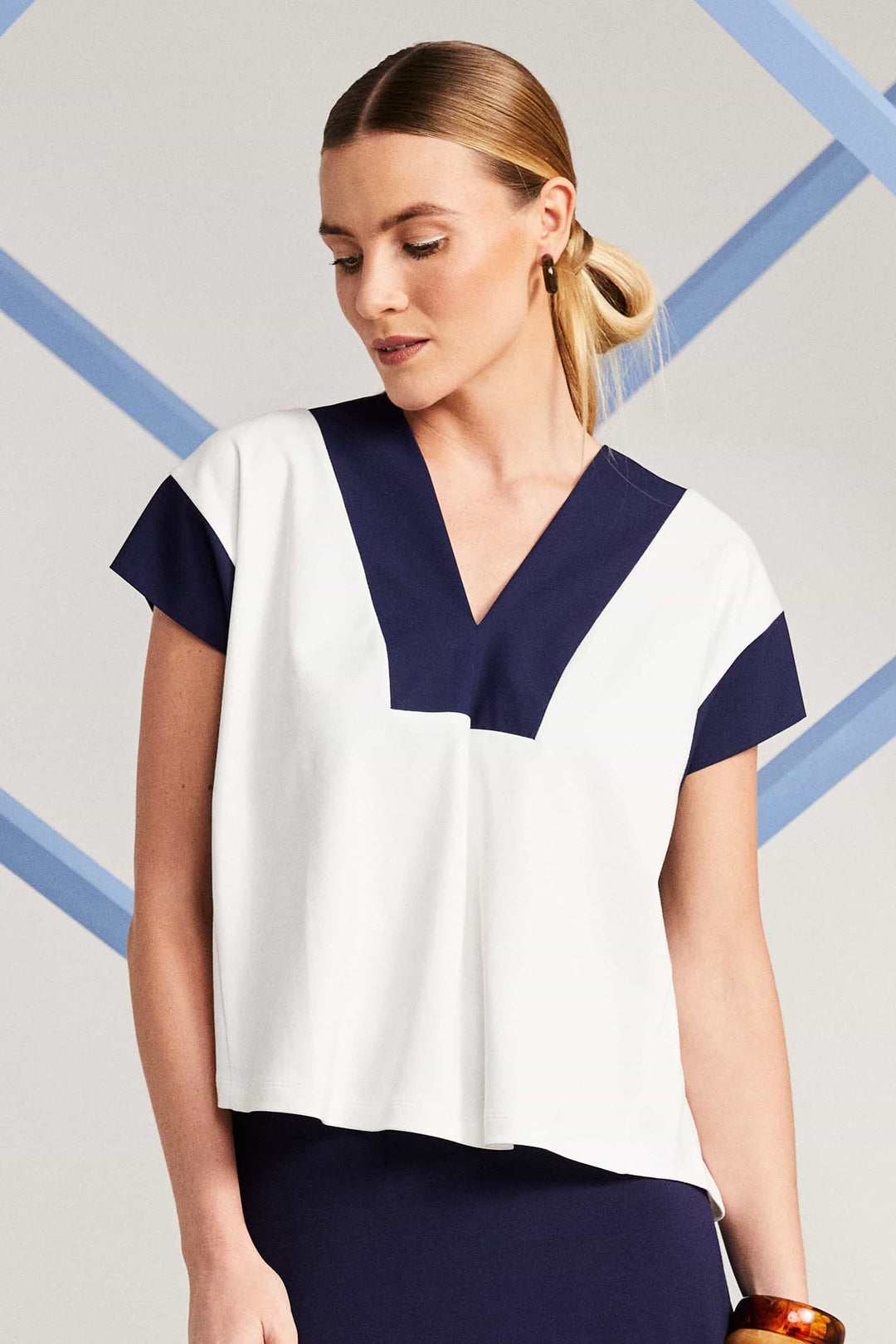 Naya NAS25-337 French Navy Top Trim V-Neck - Rouge Boutique