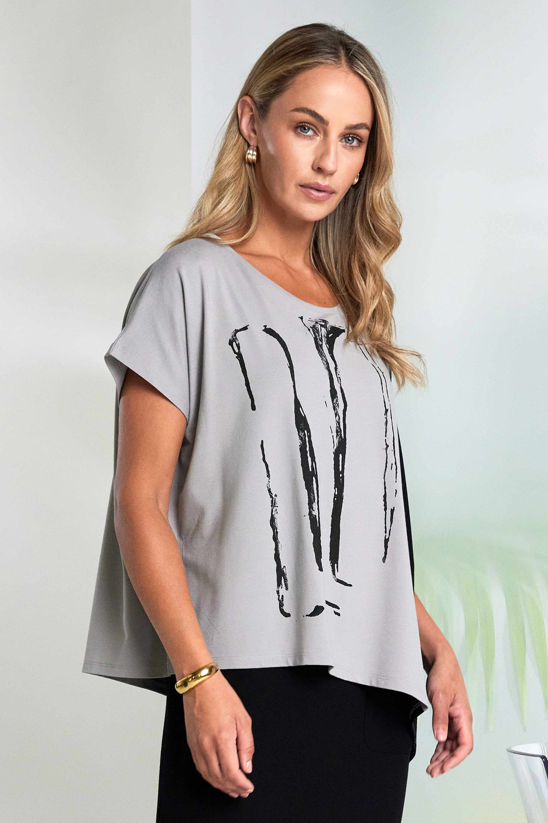 Naya NAS26119 719 Taupe Black Print Asymmetric Hem T-Shirt Top