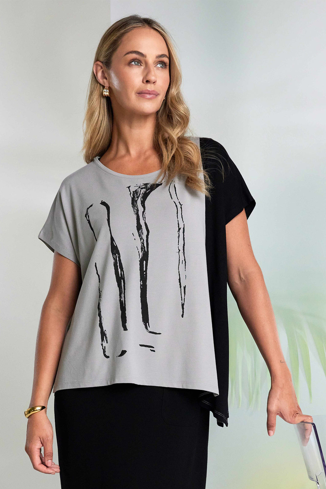 Naya NAS26119 719 Taupe Black Print Asymmetric Hem T-Shirt Top