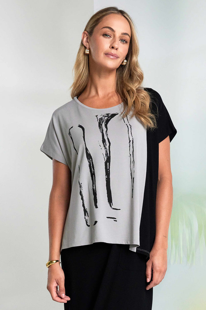 Naya NAS26119 719 Taupe Black Print Asymmetric Hem T-Shirt Top