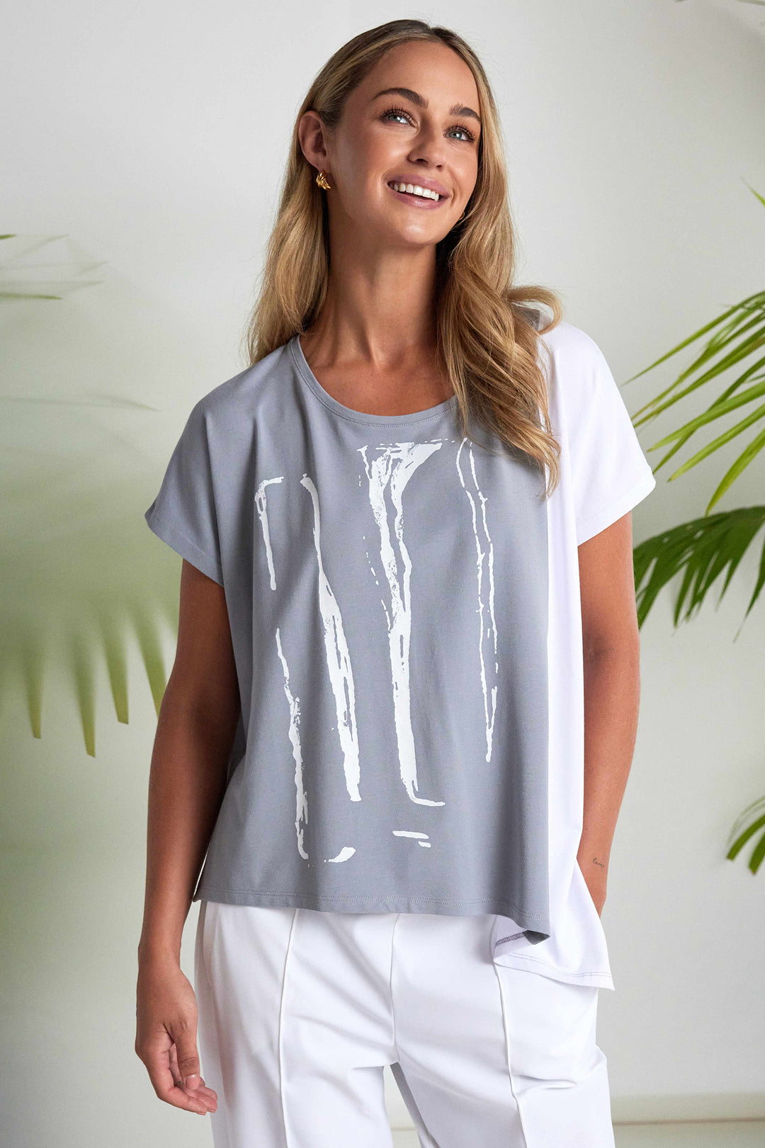 Naya NAS26119 831 Dove Grey White Print Asymmetric Hem T-Shirt Top