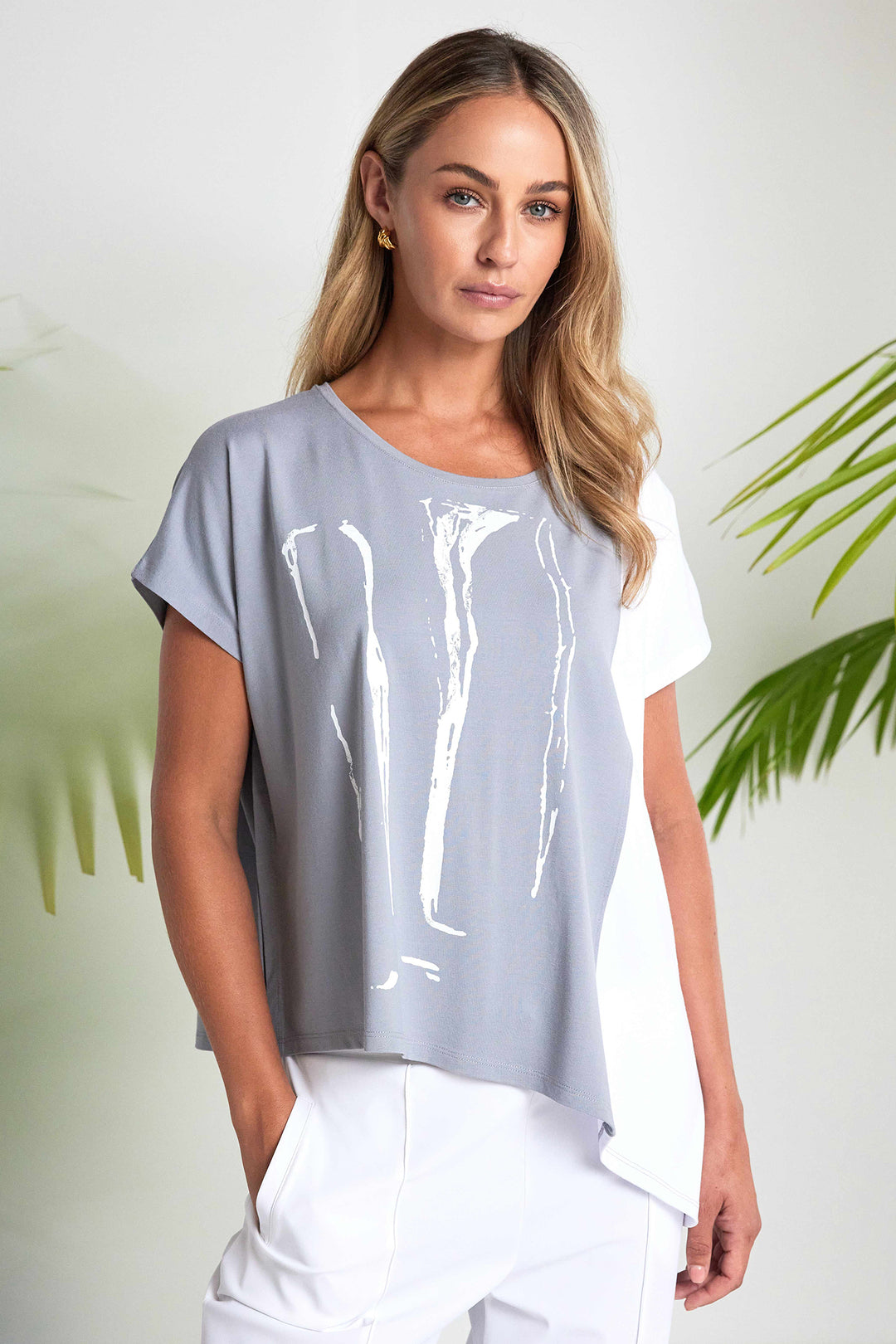 Naya NAS26119 831 Dove Grey White Print Asymmetric Hem T-Shirt Top