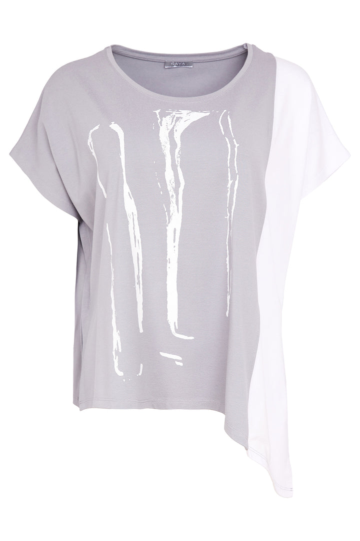 Naya NAS26119 831 Dove Grey White Print Asymmetric Hem T-Shirt Top