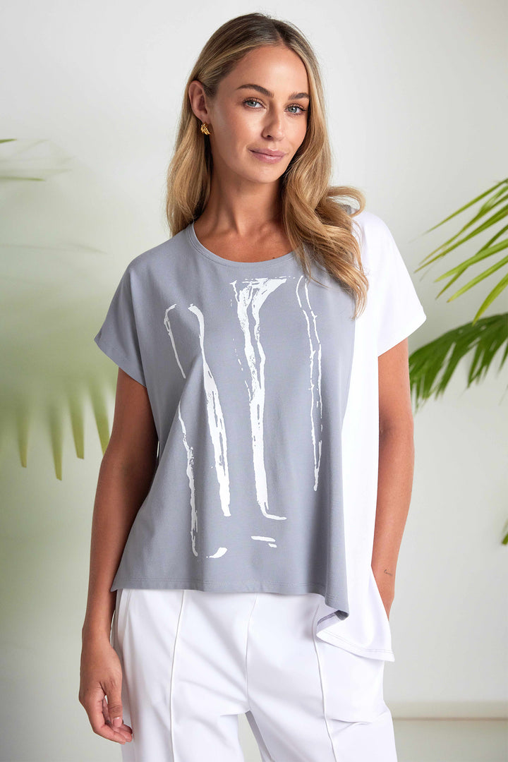Naya NAS26119 831 Dove Grey White Print Asymmetric Hem T-Shirt Top