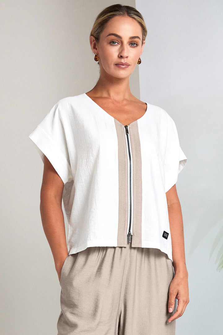 Naya NAS26159 25 Cream Taupe Zip Front Top
