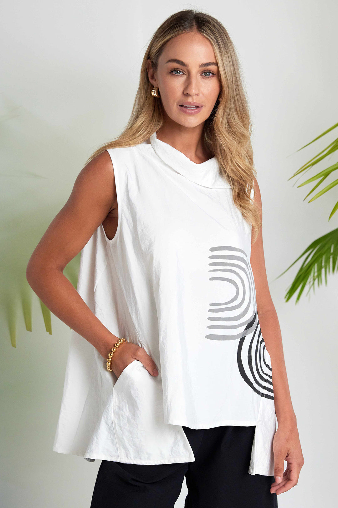 Naya NAS26261 109 White Black Print Collared Tunic Top
