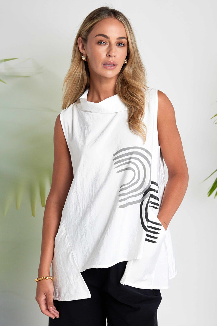 Naya NAS26261 109 White Black Print Collared Tunic Top