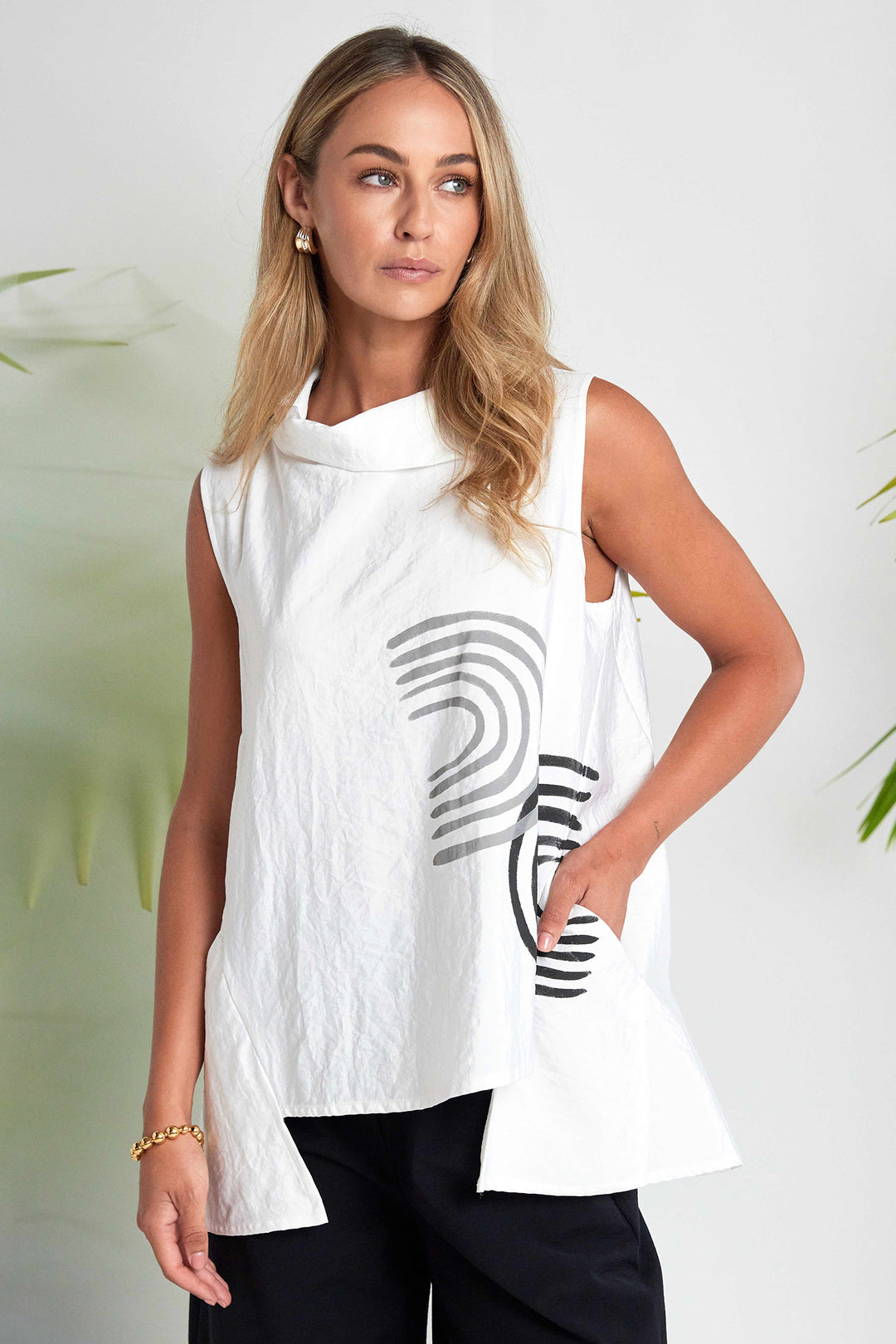 Naya NAS26261 109 White Black Print Collared Tunic Top