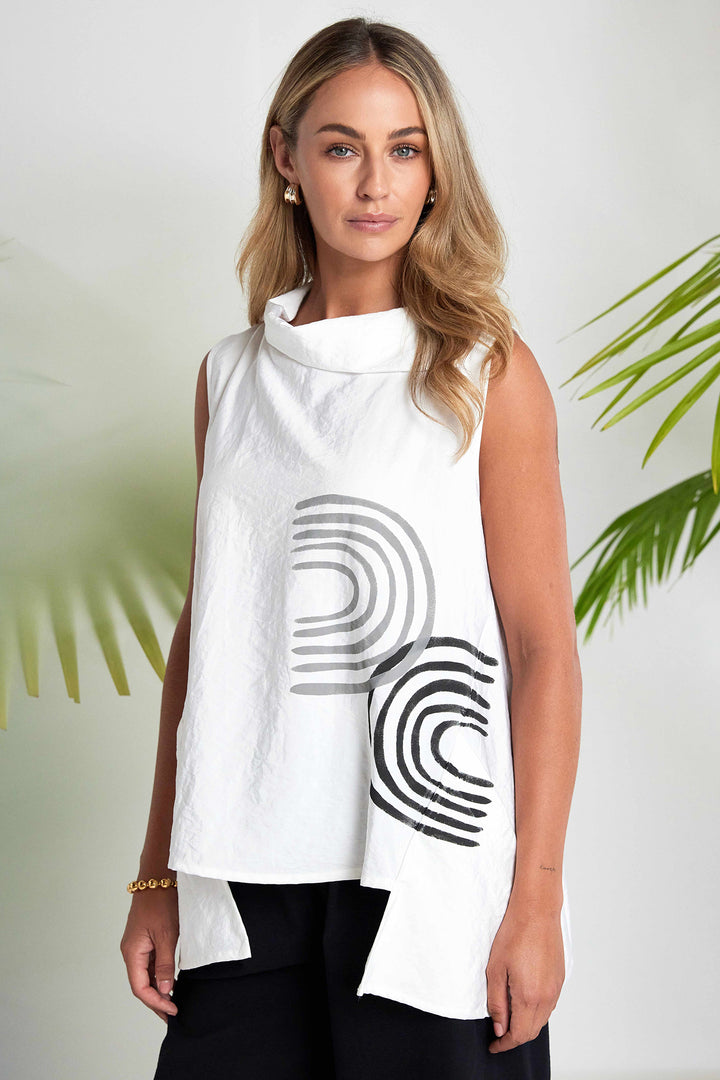 Naya NAS26261 109 White Black Print Collared Tunic Top