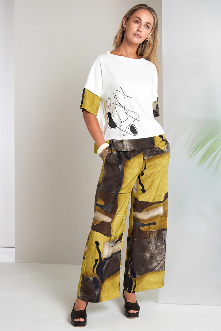 Naya NAS26274 35 Yellow Print Wide Leg Pull-On Trousers