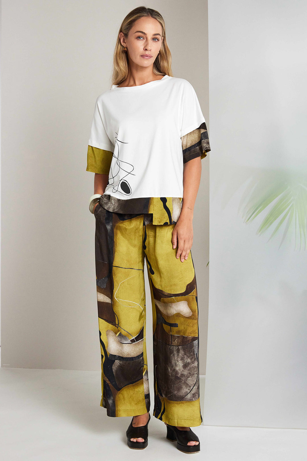 Naya NAS26274 35 Yellow Print Wide Leg Pull-On Trousers