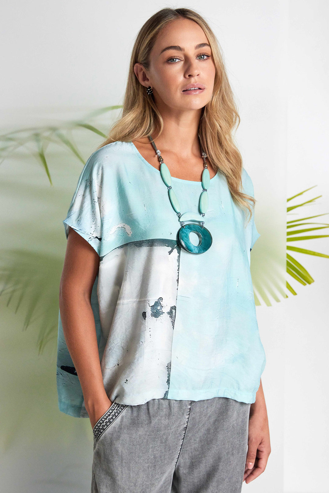 Naya NAS26299 54 Aqua Blue Print Short Sleeve Top