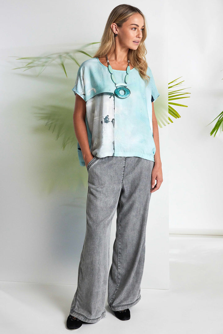 Naya NAS26299 54 Aqua Blue Print Short Sleeve Top