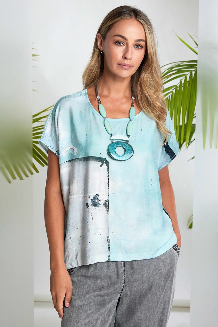 Naya NAS26299 54 Aqua Blue Print Short Sleeve Top