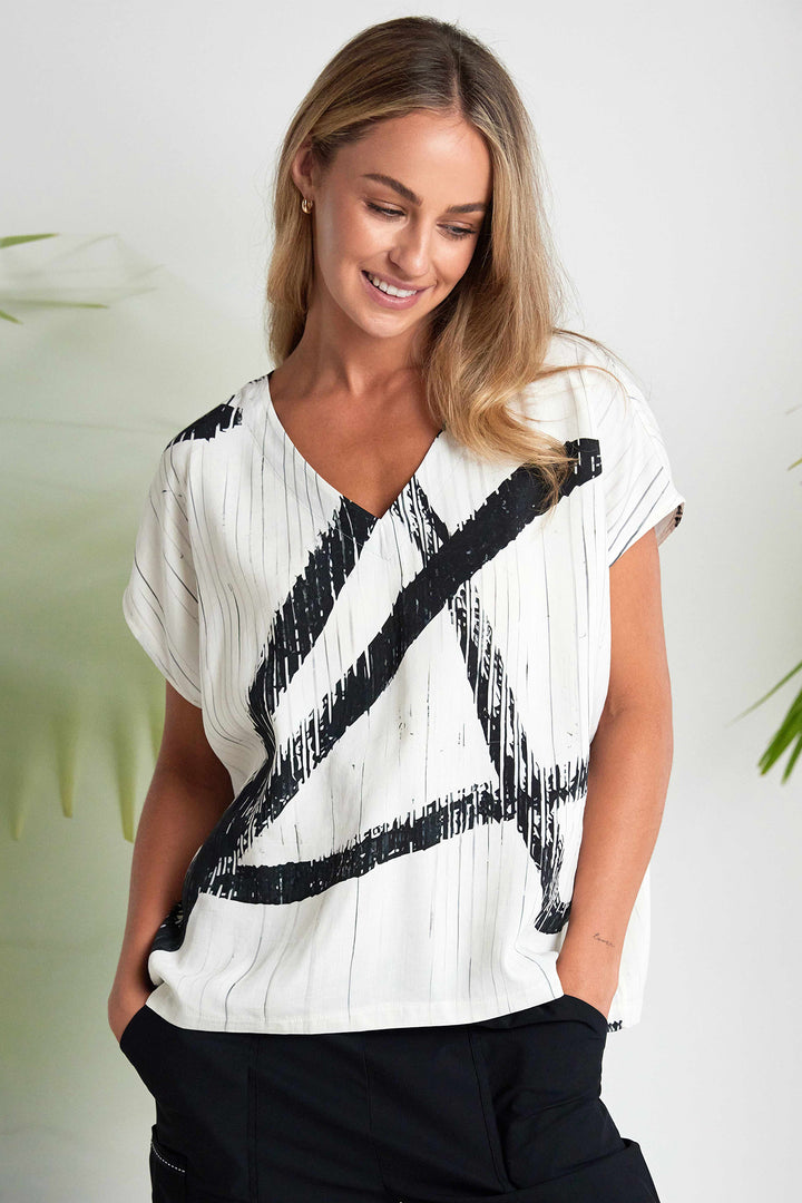 Naya NAS26319 129 Off-White Black Print Short Sleeve Top