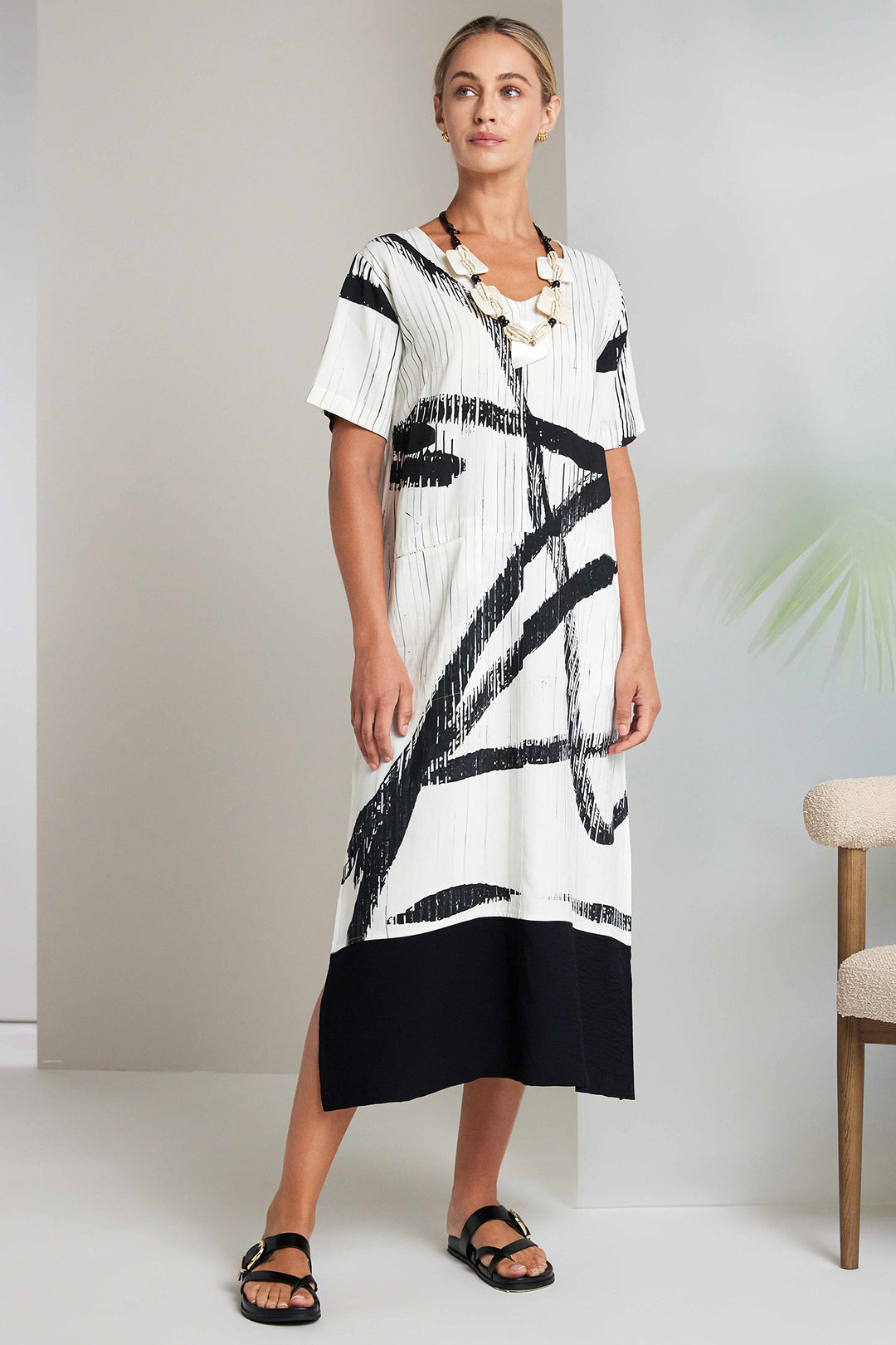 Naya NAS26320 129 Off-White Black Short Sleeve Dress