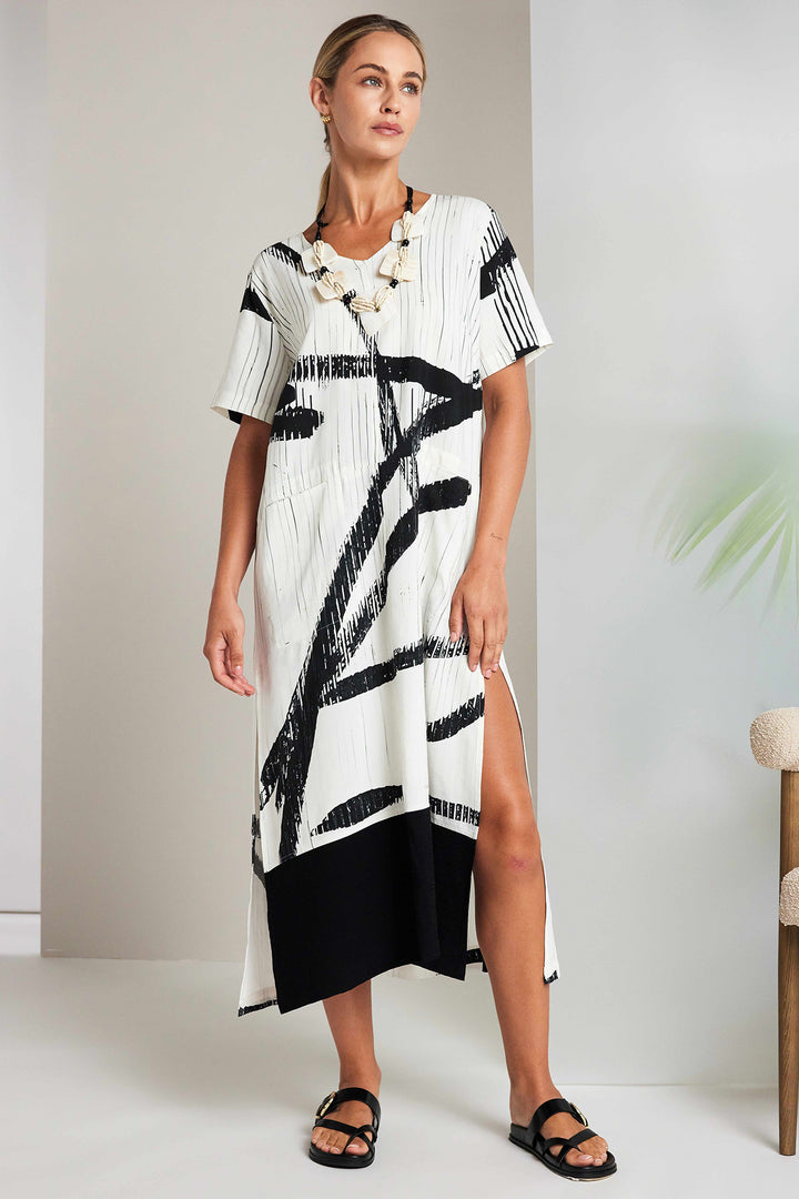 Naya NAS26320 129 Off-White Black Short Sleeve Dress