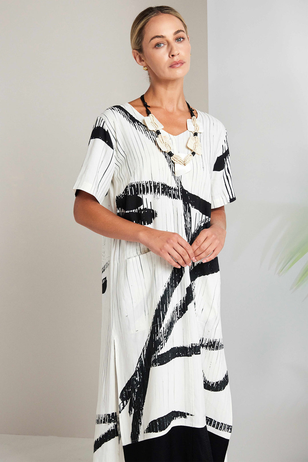 Naya NAS26320 129 Off-White Black Short Sleeve Dress