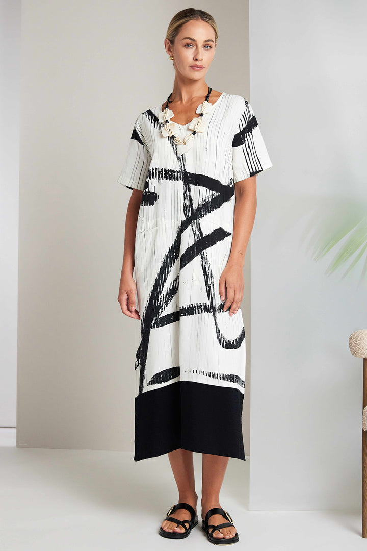 Naya NAS26320 129 Off-White Black Short Sleeve Dress