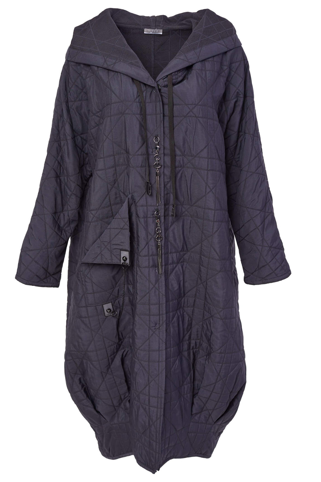 Naya NAW23121 Anthracite Grey Long Quilted Coat With Hood - Rouge Boutique