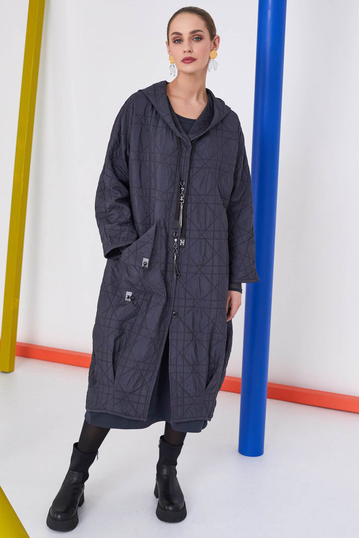 Naya NAW23121 Anthracite Grey Long Quilted Coat With Hood - Rouge Boutique