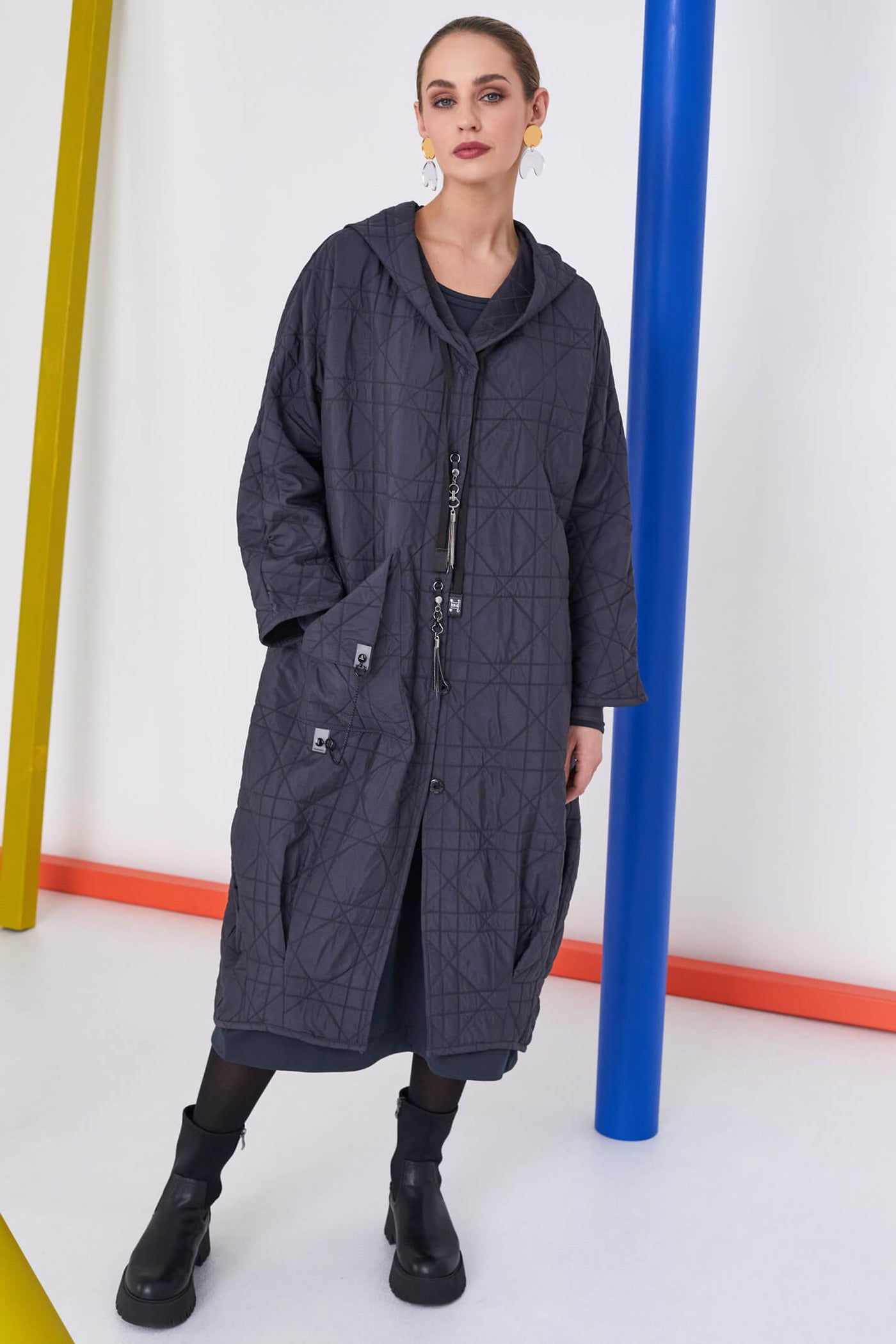 Naya NAW23121 Anthracite Grey Long Quilted Coat With Hood - Rouge Boutique