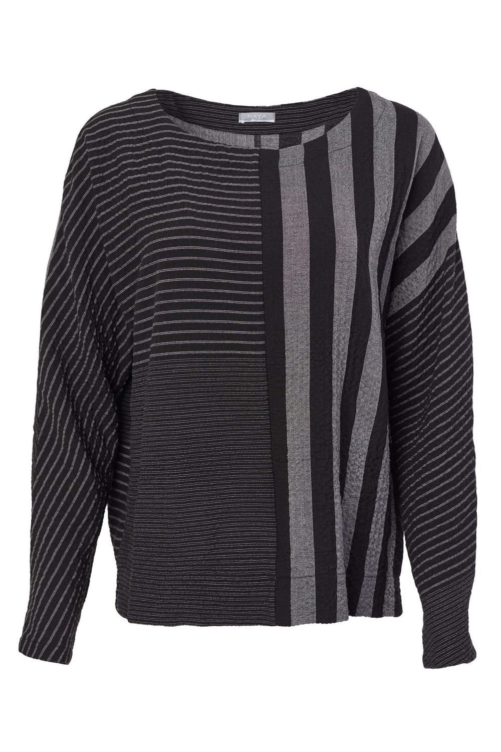 Naya NAW23170 Black Grey Stripe Wide Neck Top - Rouge Boutique