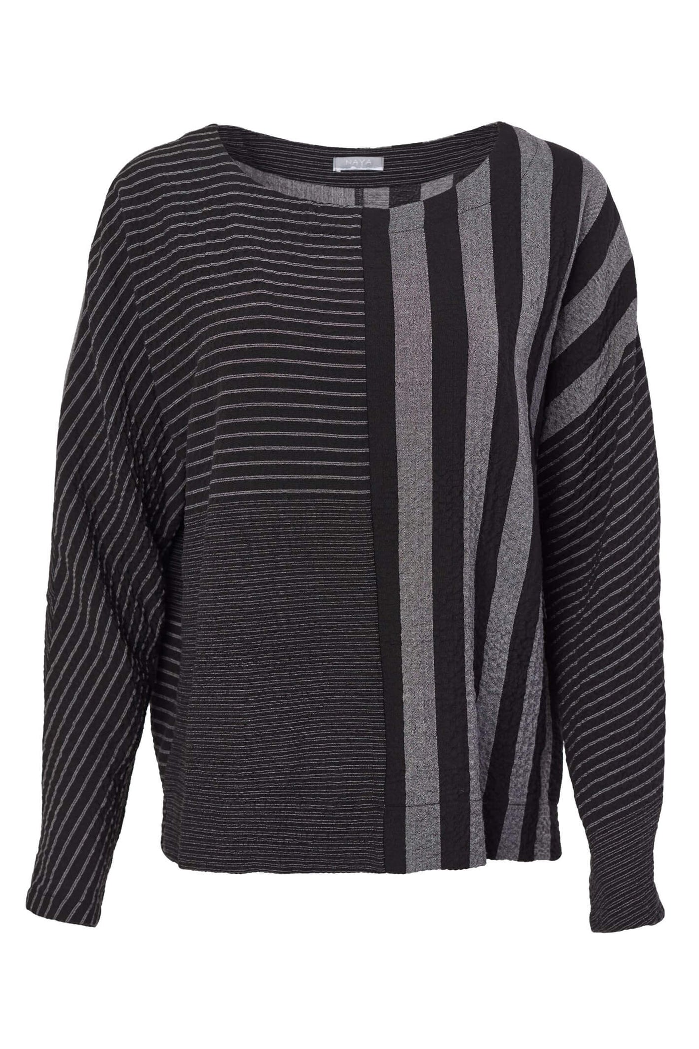 Naya NAW23170 Black Grey Stripe Wide Neck Top - Rouge Boutique