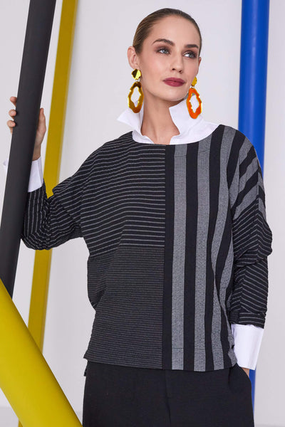 Naya NAW23170 Black Grey Stripe Wide Neck Top - Rouge Boutique