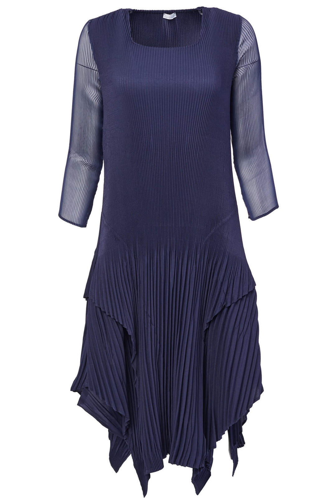 Naya NAW23181 Navy Pleat Dress With Mesh Sleeves - Rouge Boutique