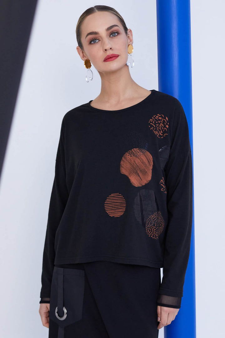 Naya NAW23214 Black Orange Print Long Sleeve Top - Rouge Boutique