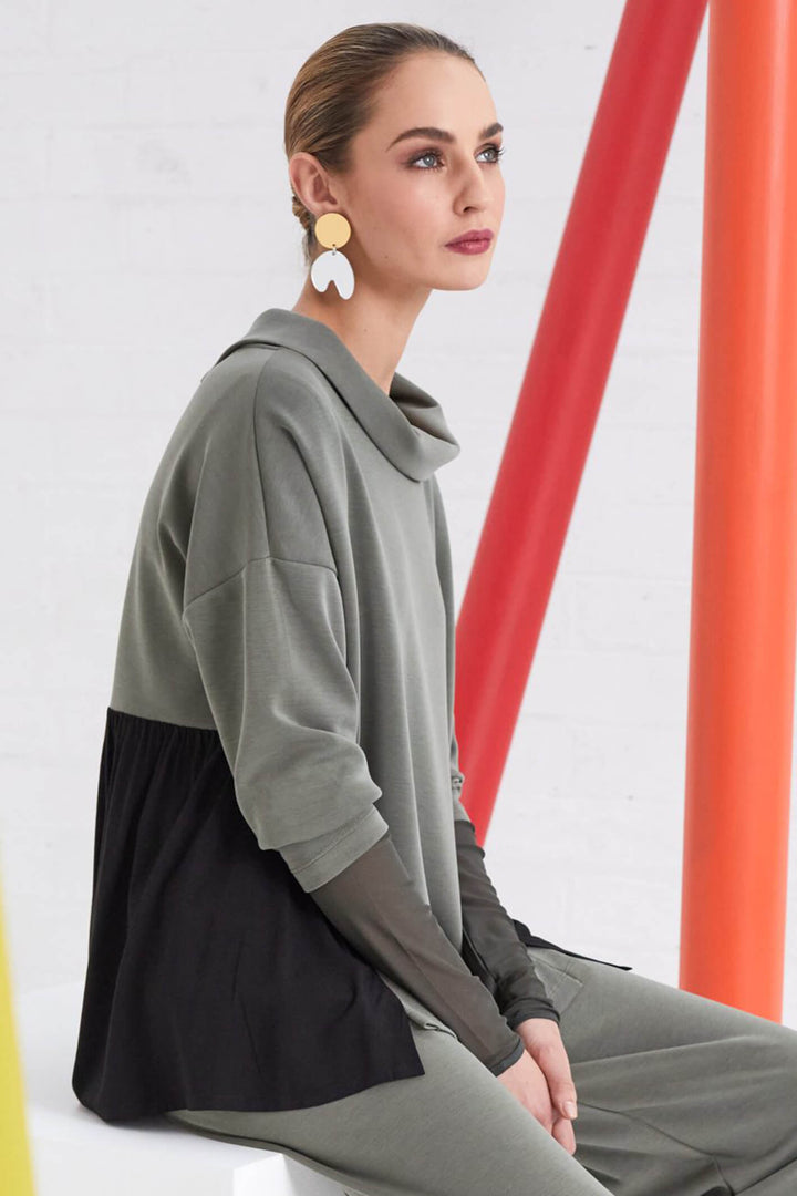 Naya NAW23219 Khaki Green Sleeved High Neck Fleece Top - Rouge Boutique