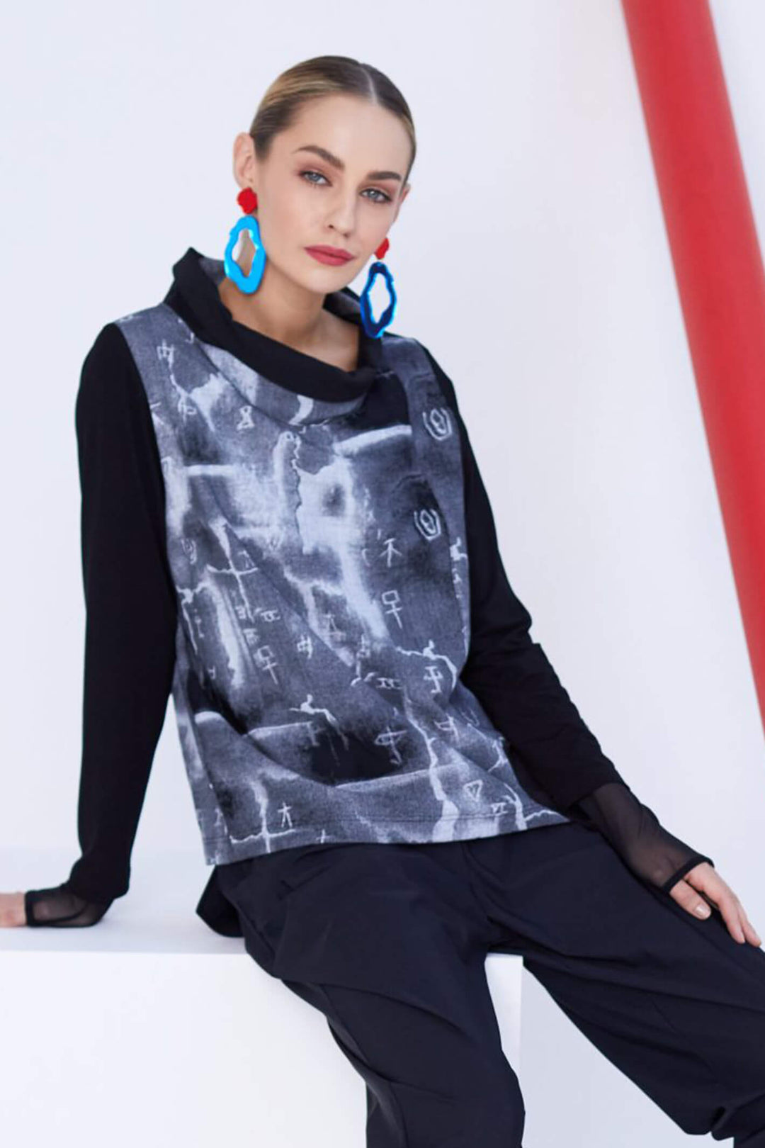 Naya NAW23239 Black Grey Print Long Sleeve Top - Rouge Boutique