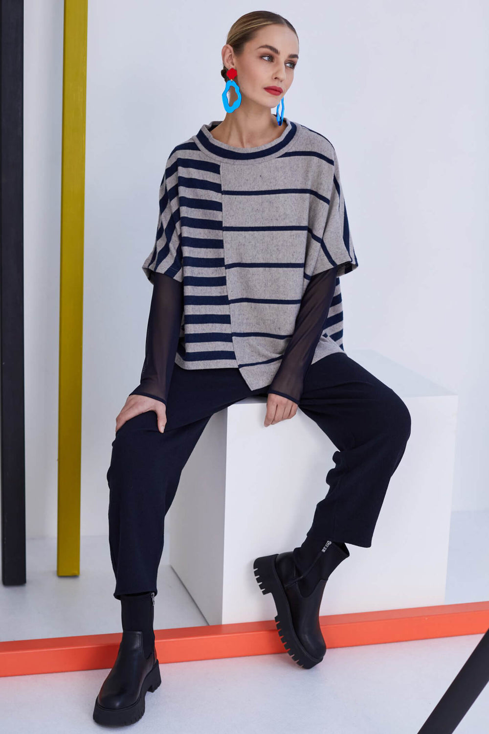 Naya NAW23292 Navy Stripe Short Sleeved Jumper - Rouge Boutique